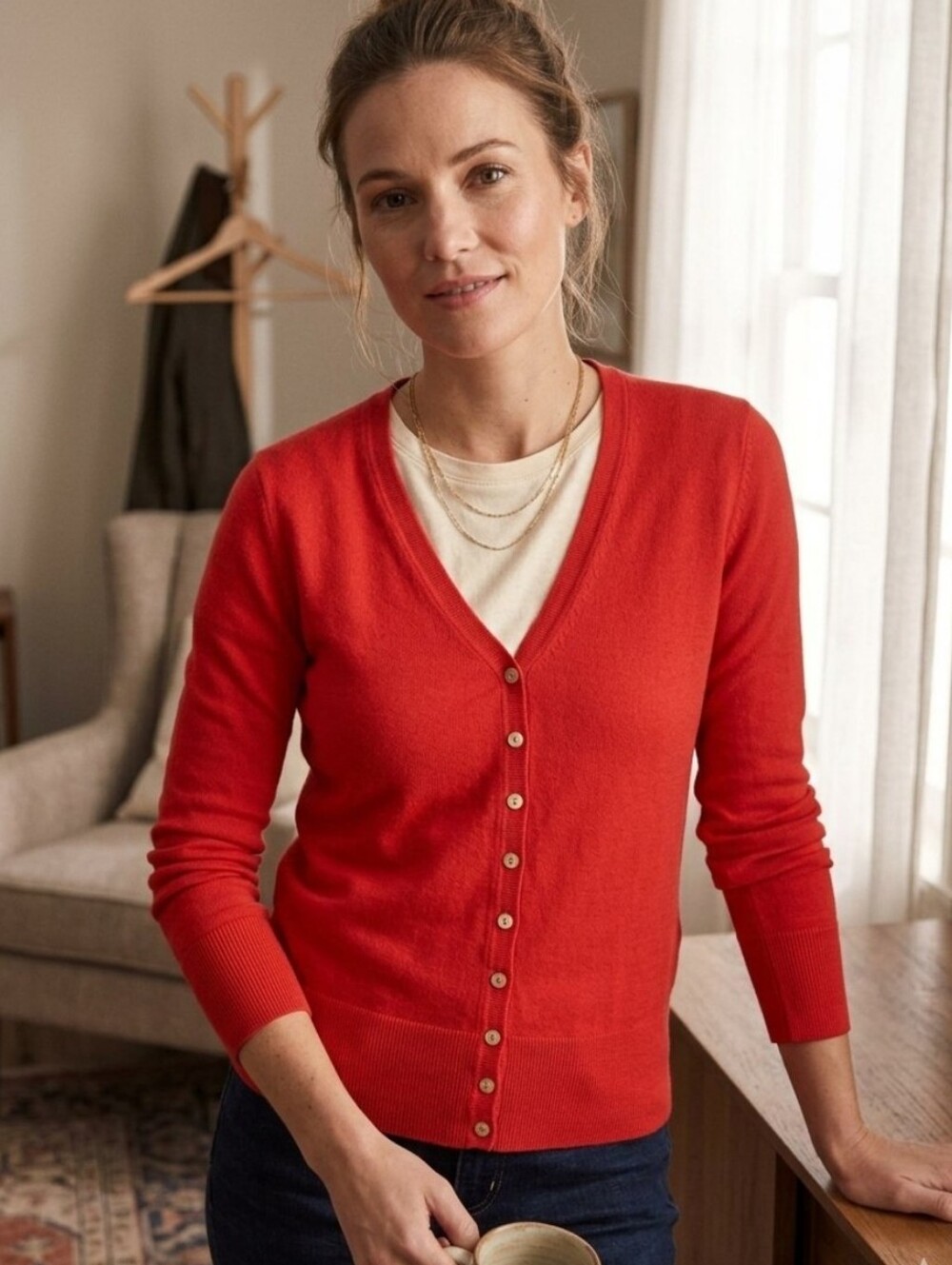 Everlane Orange V-Neck Button Cardigan Wool Cotton Blend Size XS